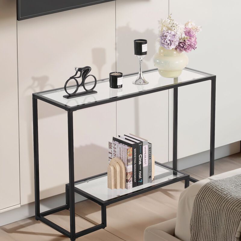 Modern Rectangle Sofa Table with 2 Glass Shelves and Metal Frame