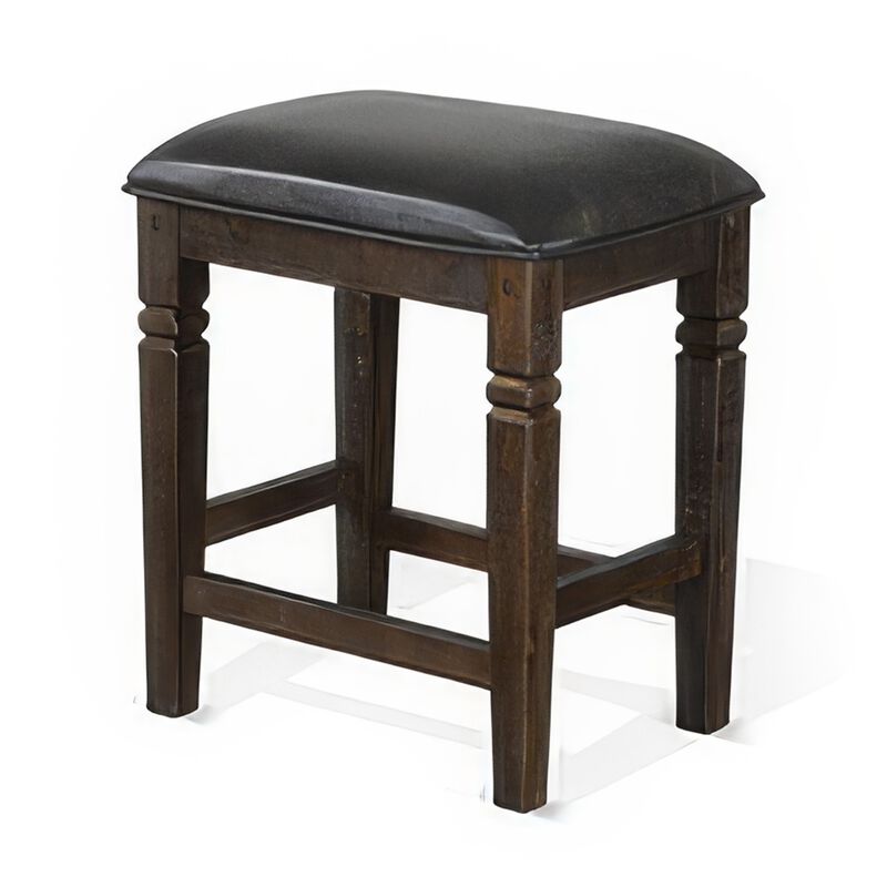 Flint Counter Stool, Set of 2, Black Faux Leather, Dark Brown Mahogany Wood - Benzara