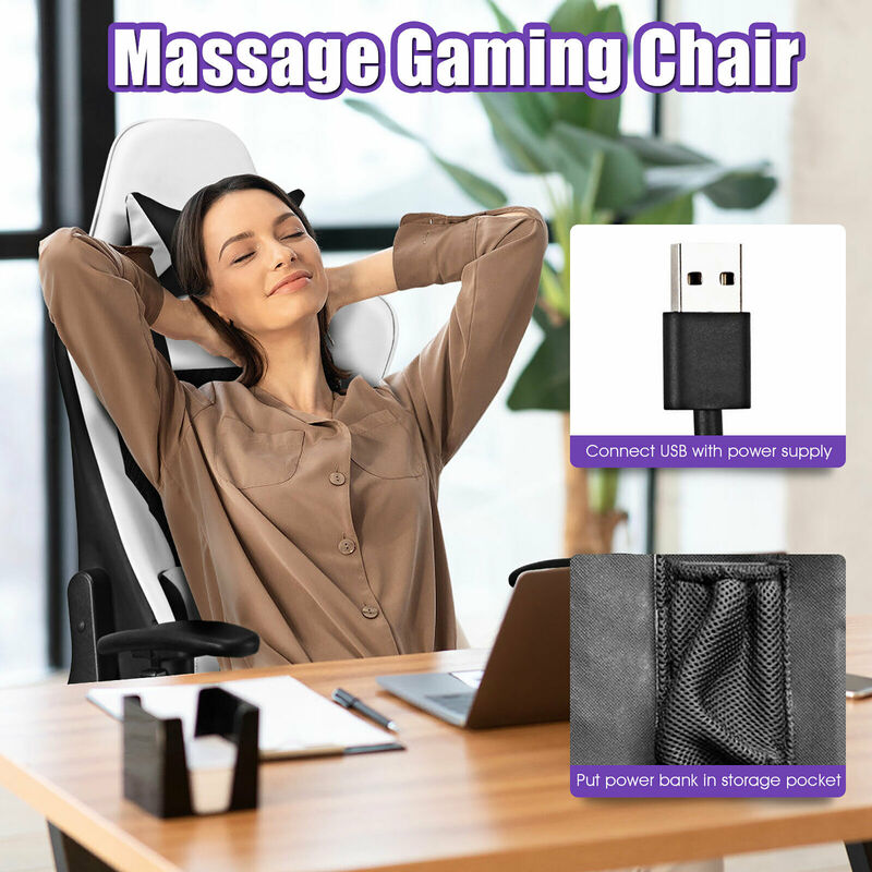 Costway Massage Gaming Chair Reclining Office Chair with Footrest White