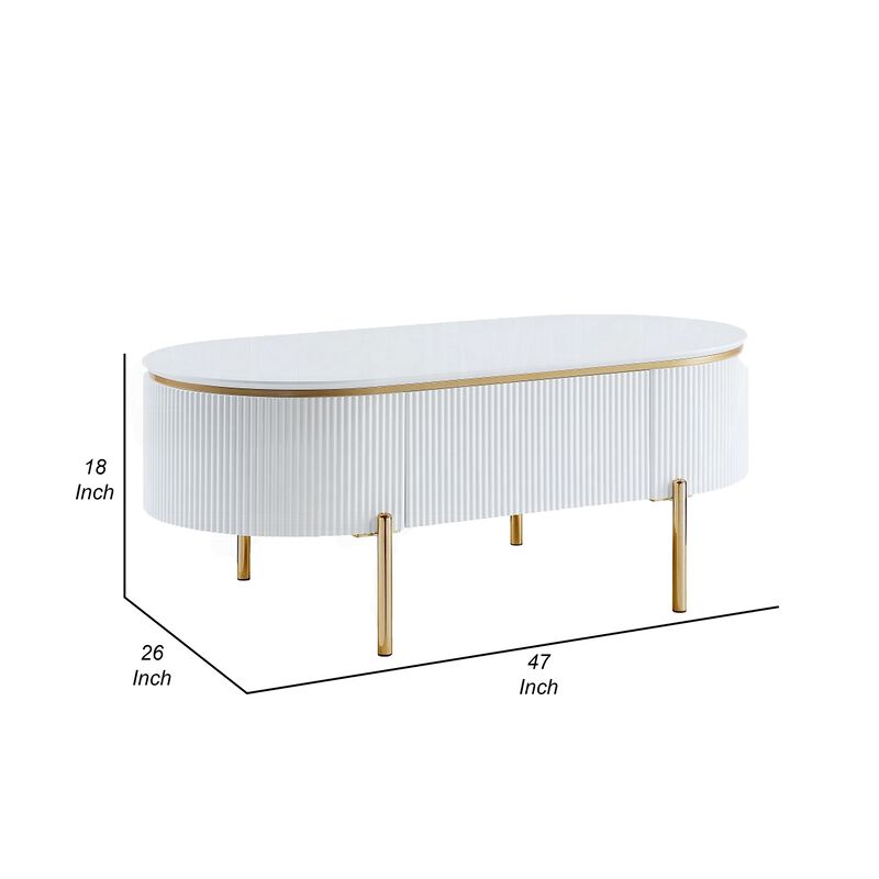 Tyce Oval Coffee Table with Drawer, 47 Inch, Glossy White, Gold Metal