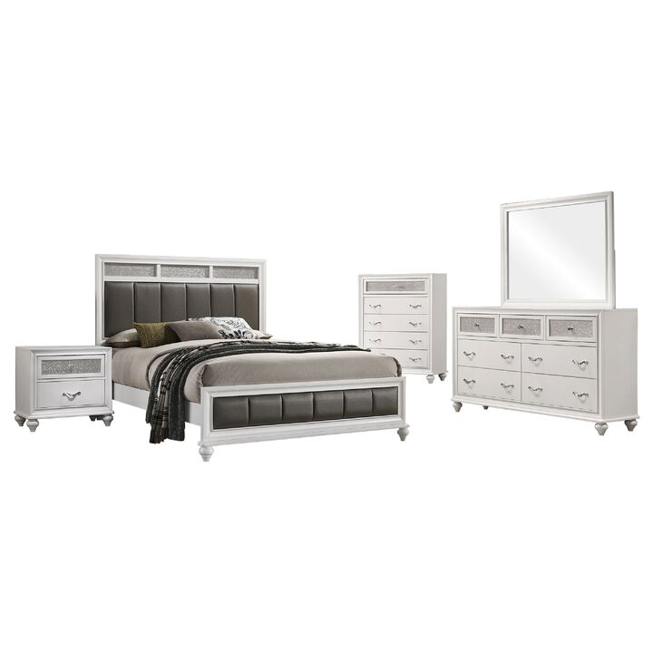 Dini 5pc Queen Bedroom Set, Gray Faux Leather Grid Upholstery, White