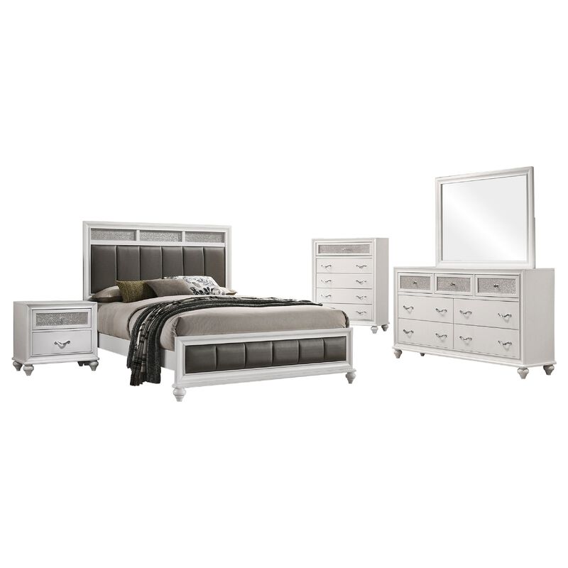Dini 5pc Queen Bedroom Set, Gray Faux Leather Grid Upholstery, White
