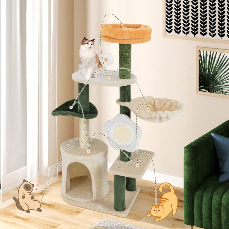 Hivvago Cute Flower Cat Tree Modern Kitty Tower with Plush Top Perch