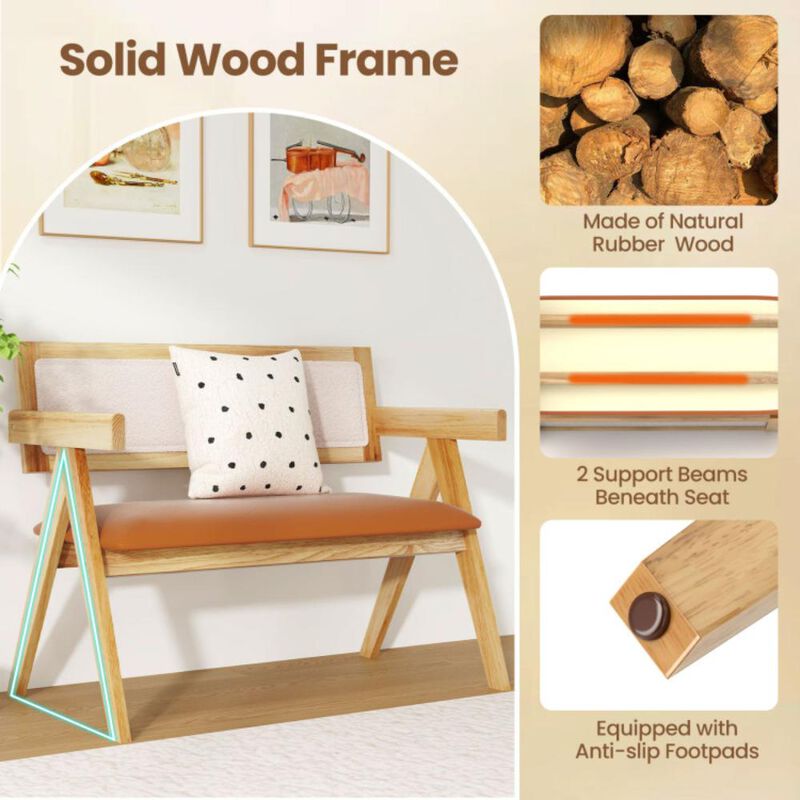 Hivvago Rubber Wood Dining Bench with Armrest Sherpa Upholstered Backrest and Soft-padded Seat