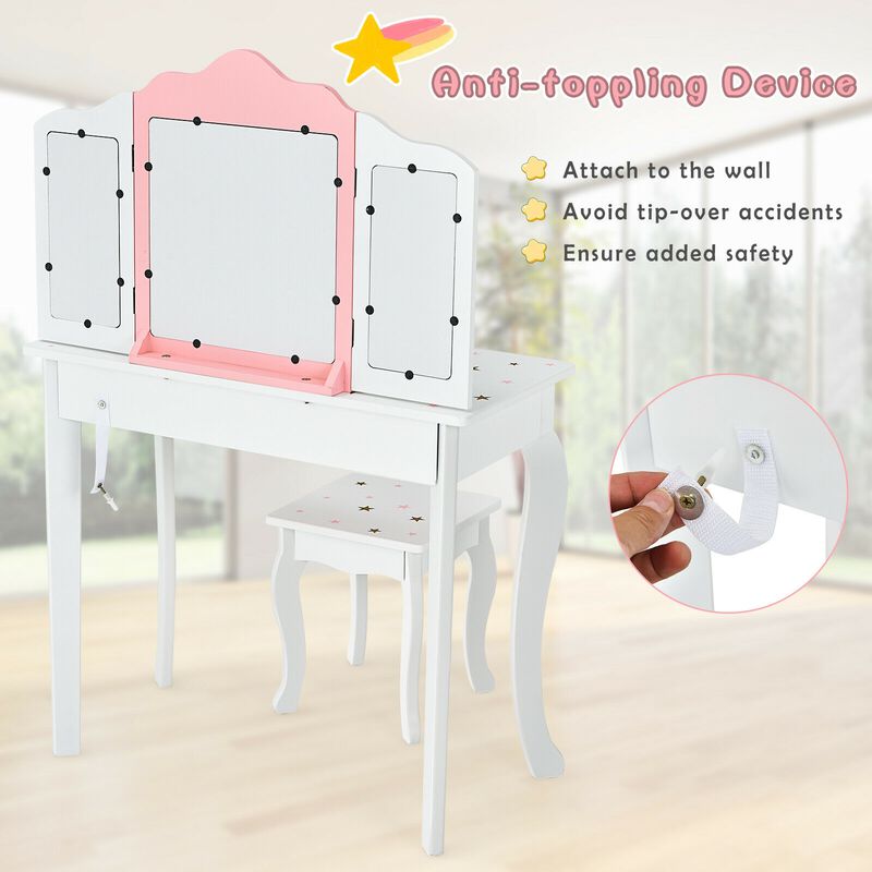 Kids Princess Vanity Table and Stool Set with Tri-folding Mirror and Drawer