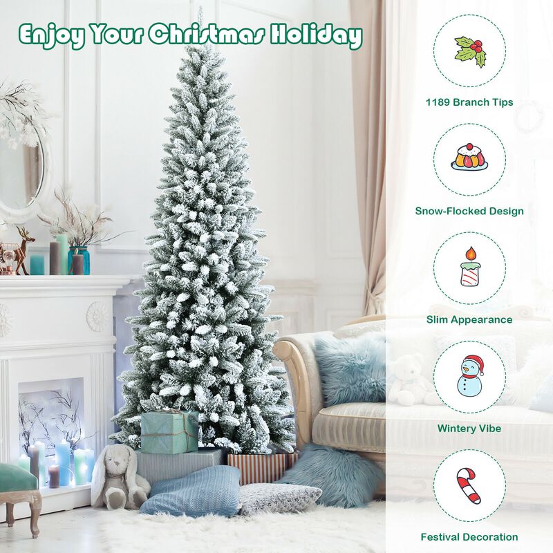 Snow-Flocked Hinged Artificial Christmas Pencil Tree for Festive Holiday D&eacute;cor with Easy Assembly