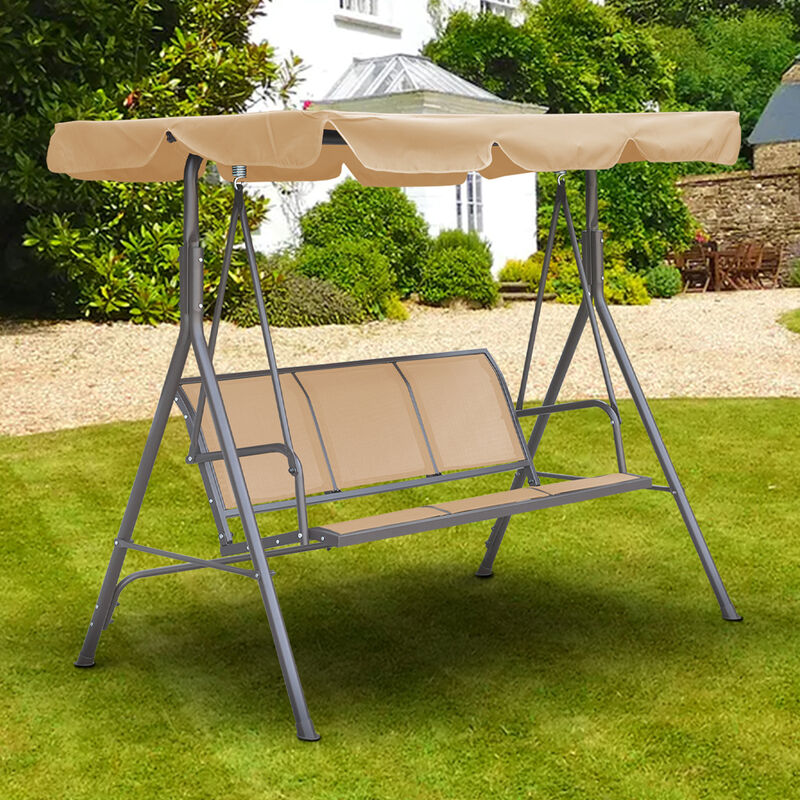 MONDAWE Three Person Porch Swing Bench with Adjustable Canopy & Textilene Seat Backrest, Beige