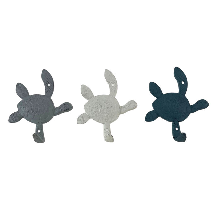 Set of 3 Decorative Cast Iron Sea Turtle Wall Hook Set &ndash; Coastal Blue, Gray, White Finishes &ndash; Ideal for Keys, Towels, Light Coats, Indoor or Outdoor