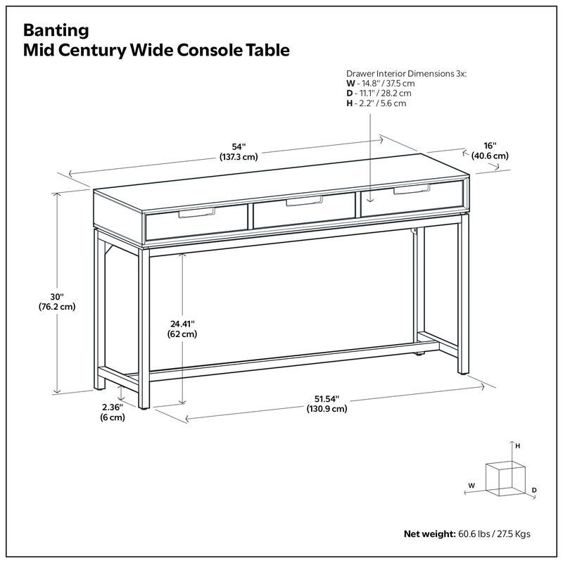 Banting SOLID HARDWOOD and Metal 54 inch Wide Industrial Wide Console Table in Walnut Brown