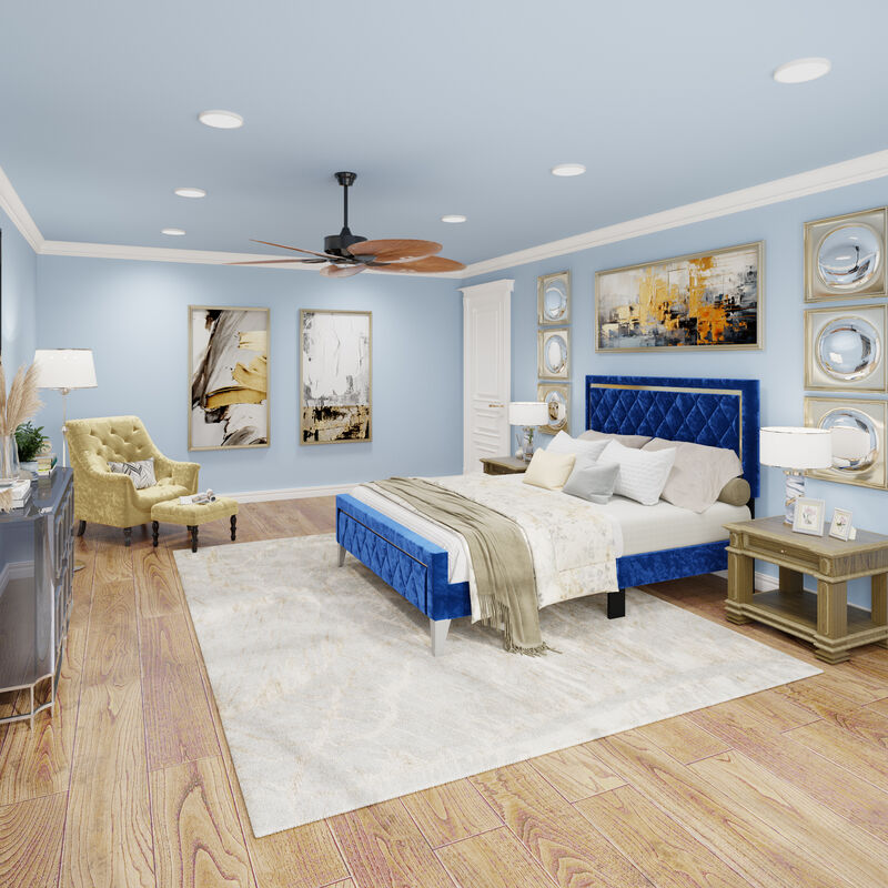 FUFU&GAGA Blue Upholstered Bed with Diamond Tufted Headboard, High Legs & Reinforced Frame, Luxurious Polyester Fabric, Spacious Queen Size (81.5 in. L x 62.2 in. W x 50 in. H)