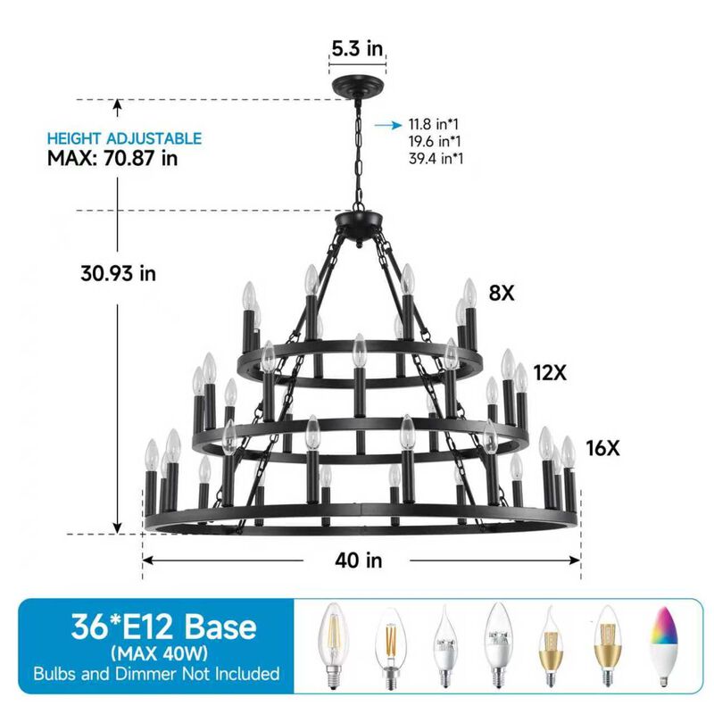 ELEMENT ACE 3-Tier Wagon Wheel 36-Light Adjustable Height Chandelier Hanging Light Fixture for High Ceiling Living Dining Room Foyer Entryway Kitchen Island Bar image number 2