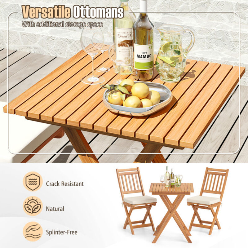 Outdoor Wood Bistro Set with Soft Seat Cushions and Table