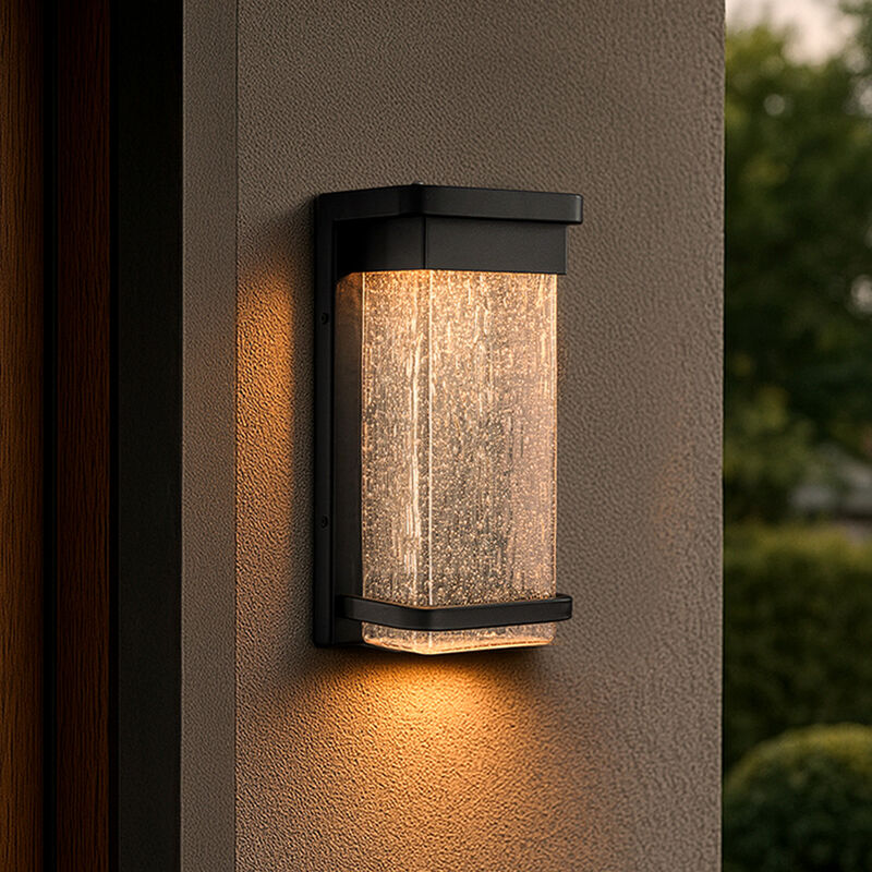 1-Light H12 in Modern Seeded Glass, 12W Integrated LED Outdoor Wall Sconce with Dusk to Dawn Sensor in Matte Black image number 1