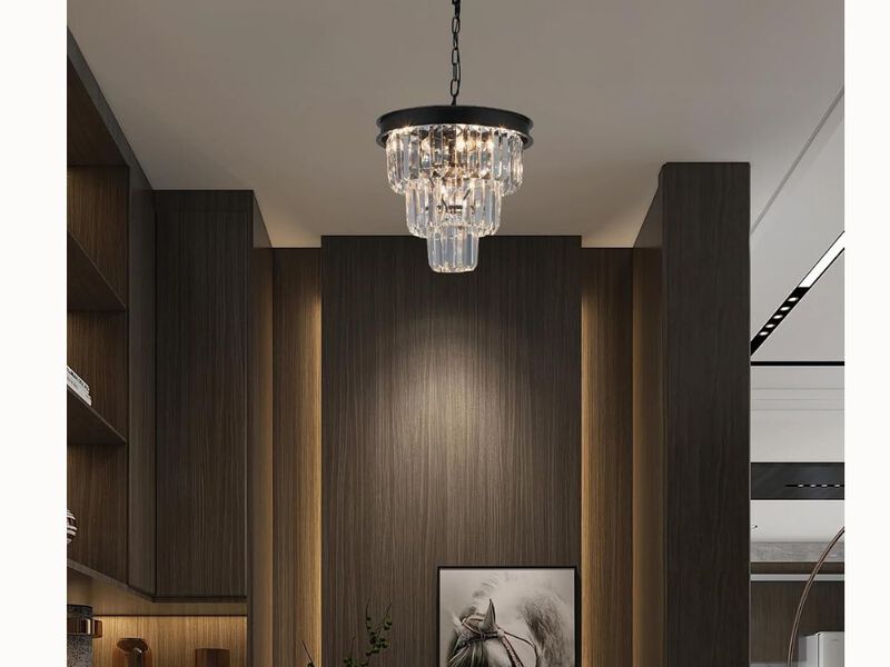 12" Black Crystal Chandelier – 4-Light 3-Tier Pendant for Dining Room, Kitchen Island & Entryway (G9 or E12 Base)