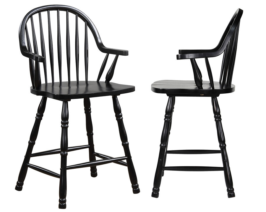 Black Cherry Selections 41 in. Antique Black with Cherry Rub High Curved Back Wood Frame 24 in. Bar Stool (Set of 2)