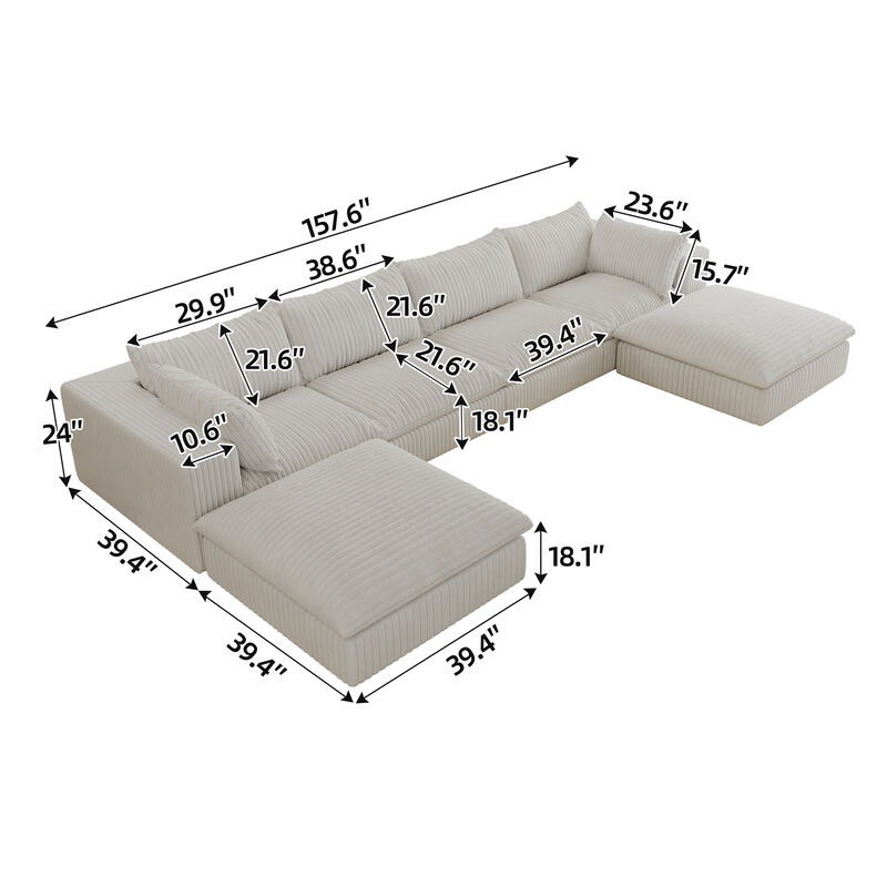 Whisen 157.6'' 6-Seat U-Shaped Cloud Sofa Deep Seat Couch with Ottomans image number 9