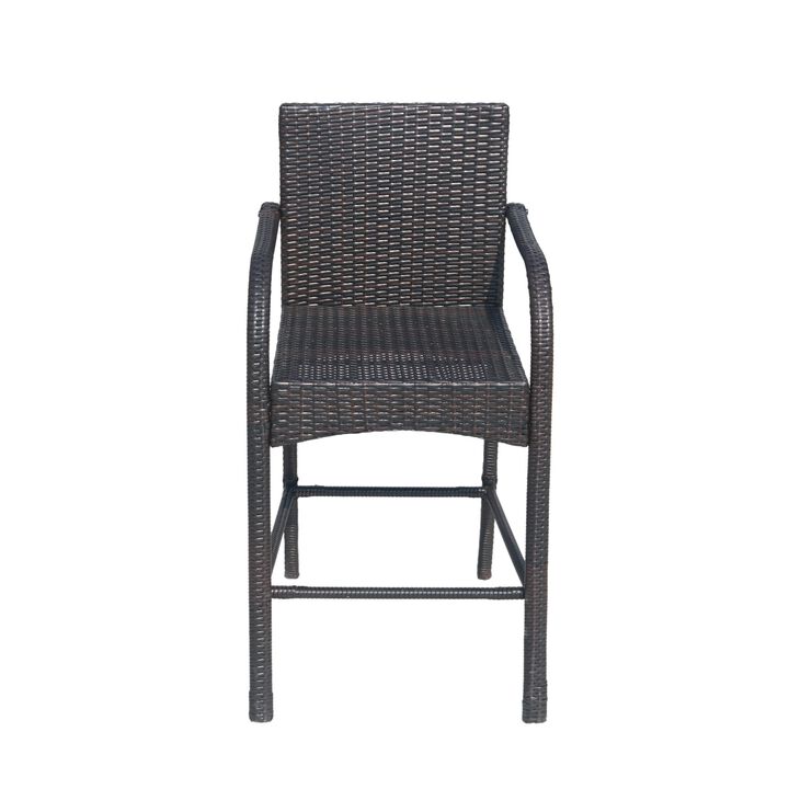 Outdoor Barstool Chair Set of 2, Gray Woven Faux Rattan, Iron Frame - Benzara