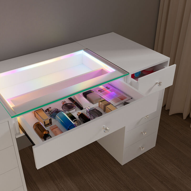 VANITII 11 Drawers Modern Makeup Vanity Desk  with RGB Lights for Bedroom White 3 packages (Need Assembled by yourself)