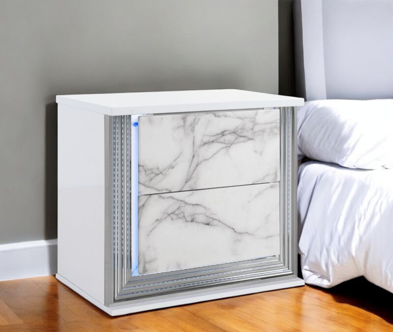 Minimalist Two Drawer Nightstand – Wood & Faux Marble Bedside Table with Light