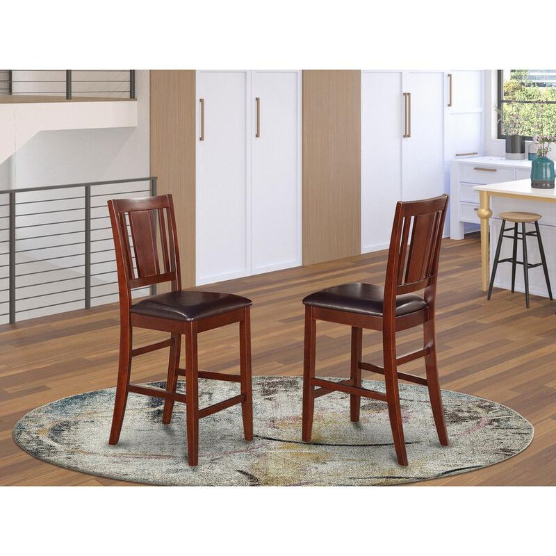 East West Furniture Buckland  Counter  Height  Dining  Chair  with  Leather  Uphostered  Seat  in  Mahogany  Finish,  Set  of  2