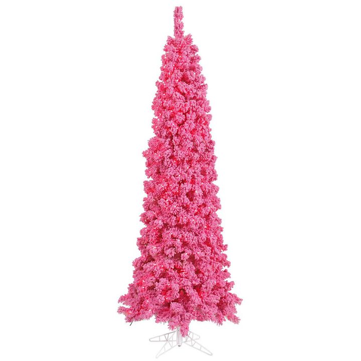 Vickerman 6.5' Flocked Pink Slim Fir Artificial Christmas Tree, Pink Dura-lit LED Lights