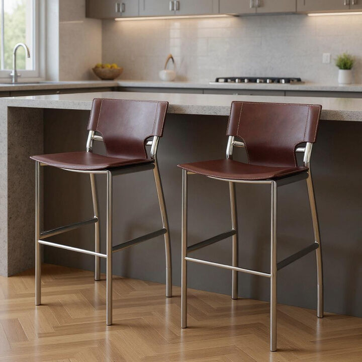 HomeRoots Set of Two 25" Brown and Silver Faux Leather and Metal Low Back Counter Height Bar Chairs