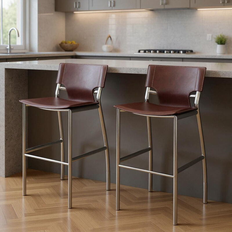 HomeRoots Set of Two 25" Brown and Silver Faux Leather and Metal Low Back Counter Height Bar Chairs image number 1