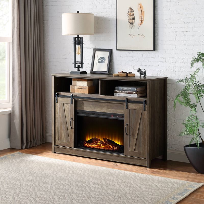 Rustic Oak Finish Fireplace with Shelf Storage image number 1
