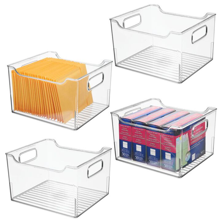 mDesign Deep Plastic Office Storage Bin w/Handles for Home Office, 4 Pack, Clear