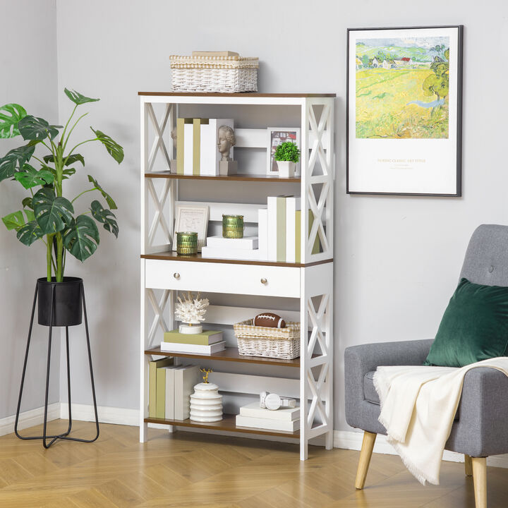 Hivvago Wooden Storage Bookcase with 4 Shelves and Drawer