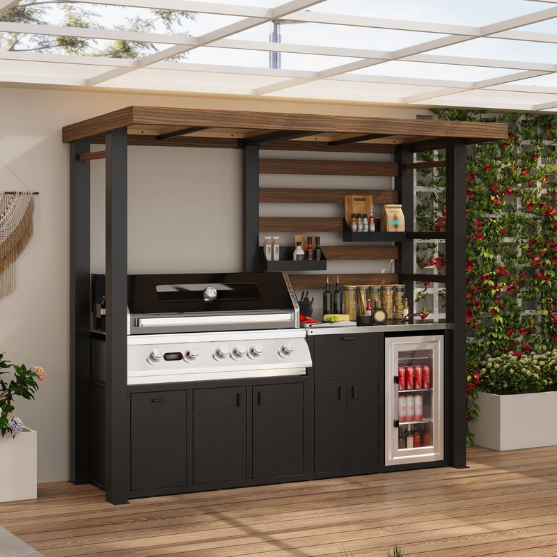 FUFU&GAGA Heavy-Duty Cedarwood BBQ Pavilion with Stainless Steel Countertop & Integrated Storage - Galvanized Steel Frame, Woodgrain Red/Brown & Black (89 in. W x 28.8 in. D x [Height] in. H) image number 1