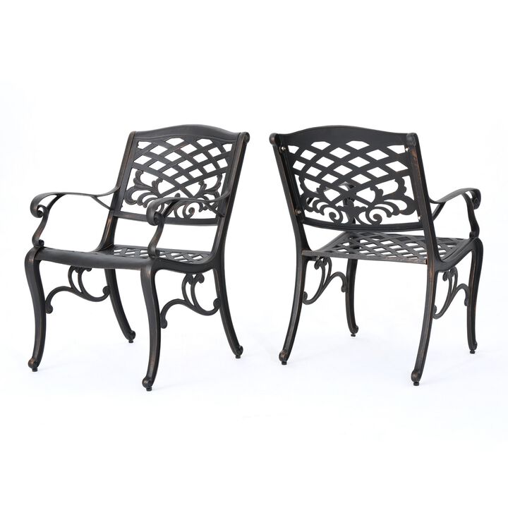 Toni Outdoor Armchair, Scrolled Lattice Pattern, Cabriole Legs Copper Metal - Benzara