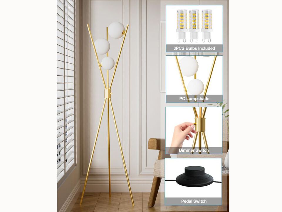 Gold Globe Tripod Floor Lamp – 65" Tall, Dimmable, 3× G9 LED Bulbs Included