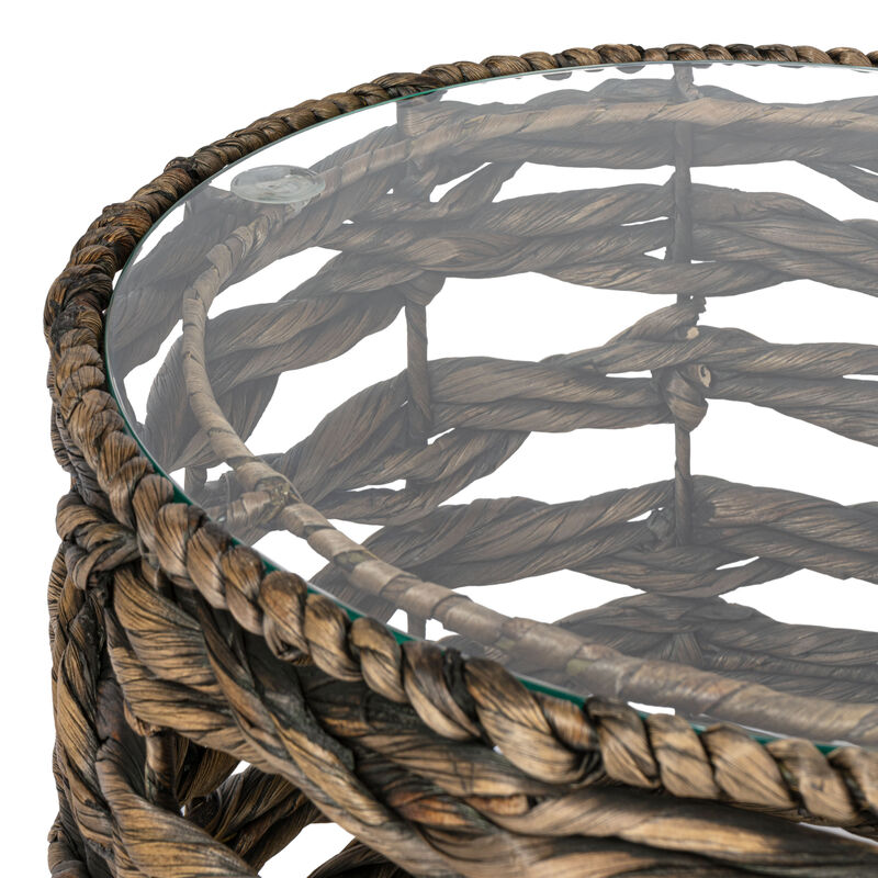 Malaya Bohemian Coastal Handwoven Water Hyacinth Open Weave Round End Table with Glass Top image number 4