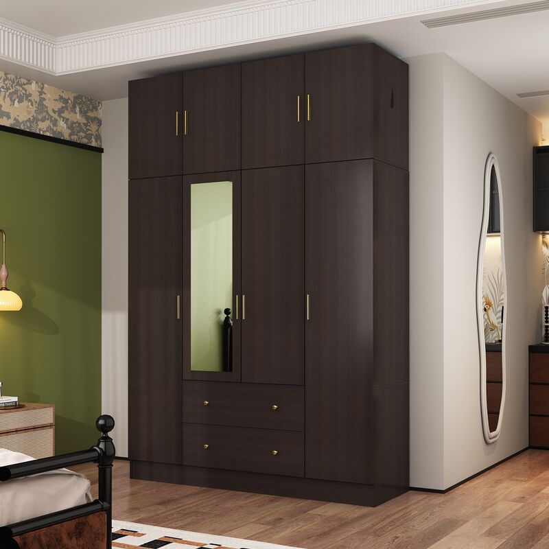 FUFU&GAGA Elegant Wardrobe with Mirror, Adjustable Shelves, and Spacious Drawers (63" W x 19.7" D x 94.5" H),Dark Brown image number 8