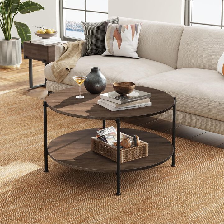 WLIVE Round Coffee Table for Living Room, 32.6"" Small Coffee Table with Open Storage Shelf, 2-Tier Industrial Circle Wood Cente