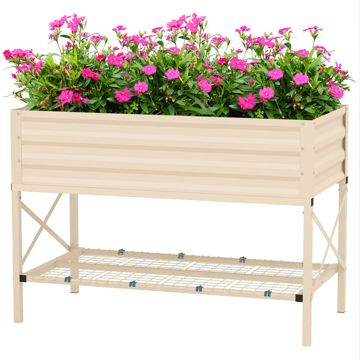 Outsunny Raised Garden Bed with Galvanized Steel Frame, Storage Shelf and Bed Liner, Elevated Planter Box with Legs for Vegetables, Flowers, Herbs, Cream