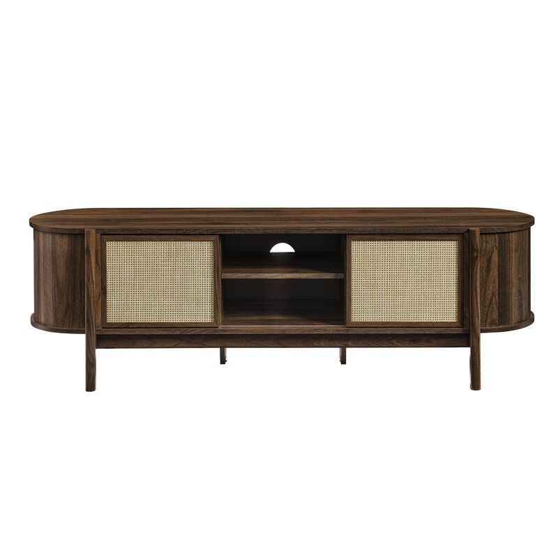 Modway Reid 61 Inch TV Stand in Walnut - Curved Oval Media Console with Rattan Sliding Doors and Open Shelves - Mid-Century Modern Entertainment Center for Flat Screen TVs up to 68&rdquo; image number 6