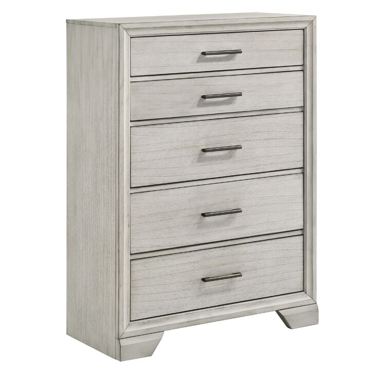 Jeni Tall Dresser Chest, 5 Drawers, Chrome Handles, Rustic White Mist