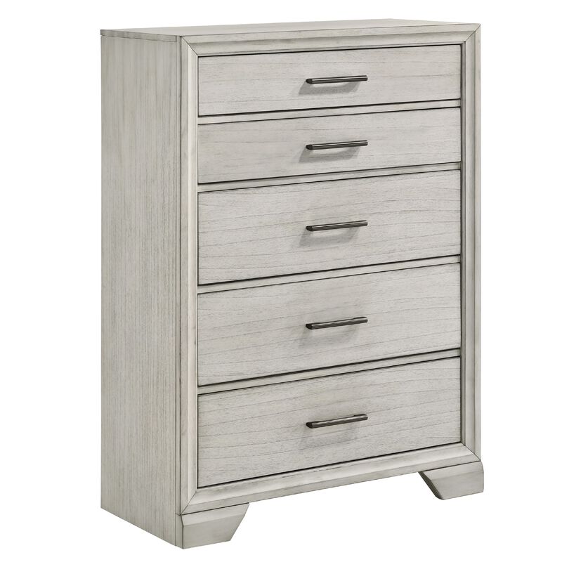 Jeni Tall Dresser Chest, 5 Drawers, Chrome Handles, Rustic White Mist