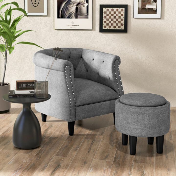 Hivvago Modern Accent Chair with Ottoman Armchair Barrel Sofa Chair and Footrest-Grey