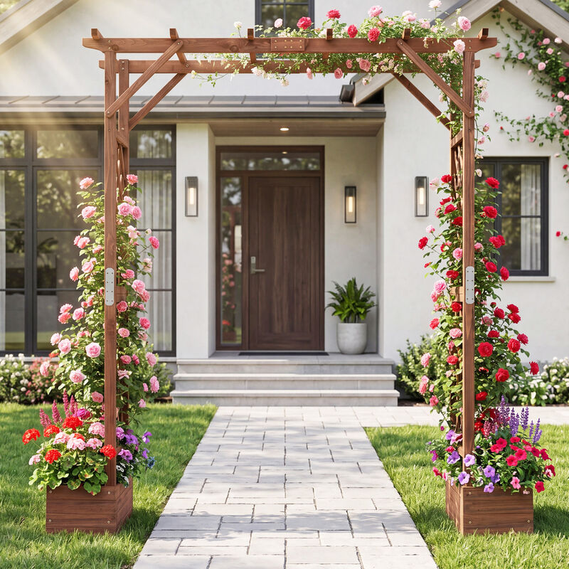 87 Inch Tall Wooden Garden Arbor with Hanging Roof and Planter Boxes image number 4