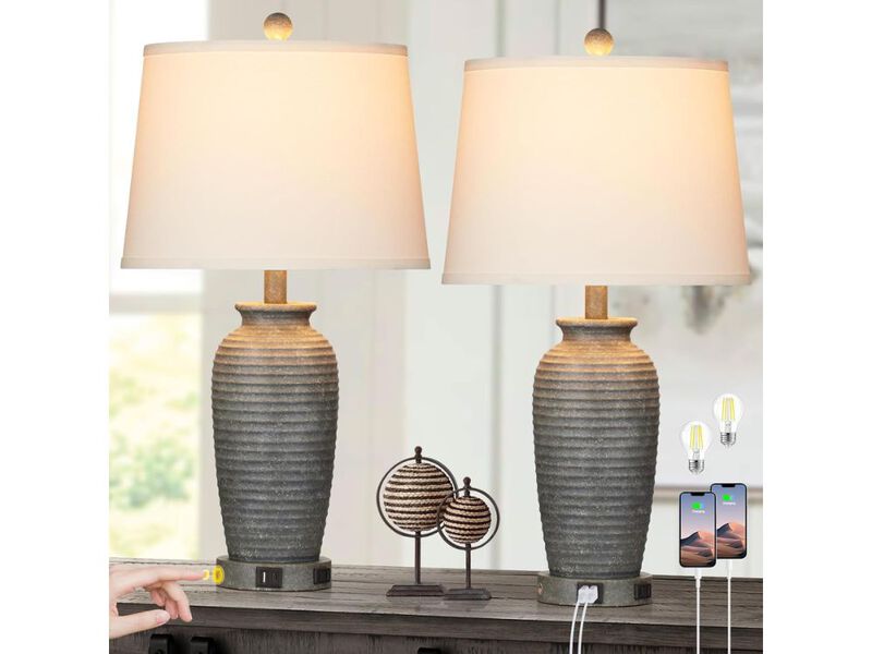 25" Farmhouse Jar Table Lamps Set of 2, 3 Way Touch Control Rustic Bedside Lamps with USB A+C Ports & AC Outlet, Pot Nightstand Lamps for Bedroom Living Room (LED Bulbs Included) image number 1