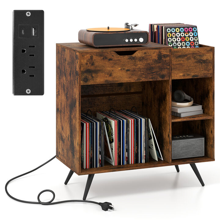 Record Player Console Stand with Power Strip and Storage Space