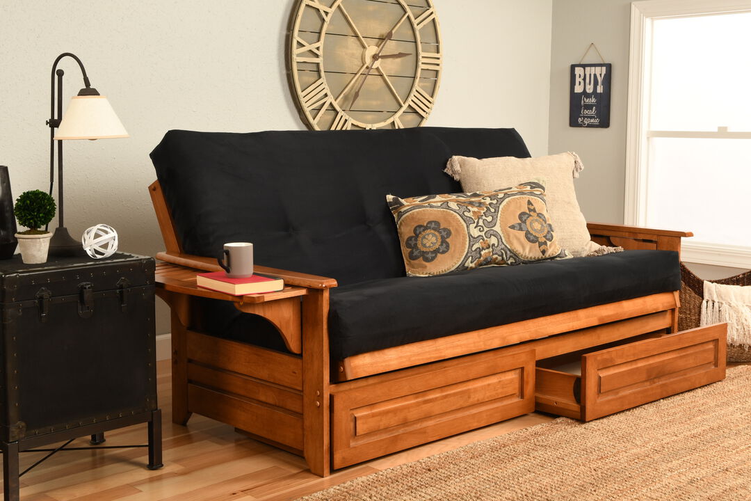 Phoenix Futon with Storage Drawers in Barbados Finish with Suede Black Mattress