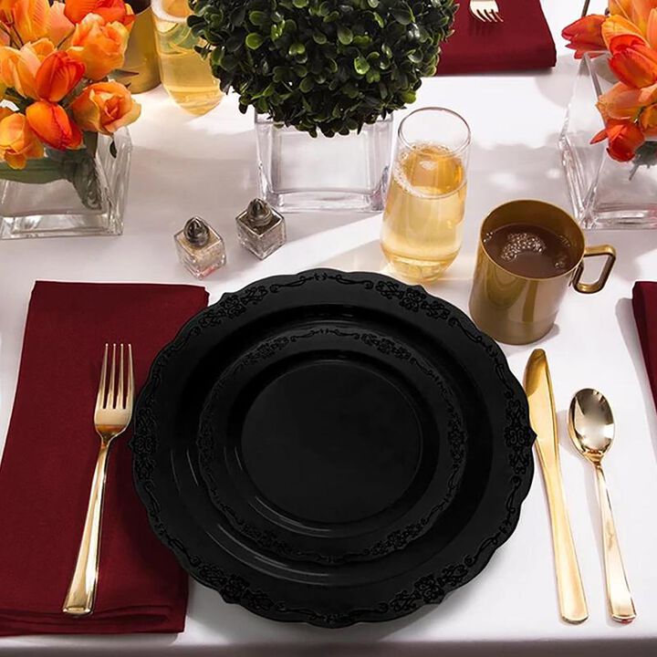 Black Vintage Rim Round Disposable Plastic Wedding Value Set (60 Sets)