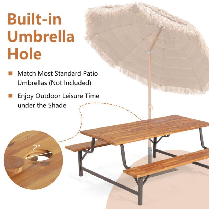 Hivvago 6-Person Outdoor Picnic Table and Bench Set with 2 Inch Umbrella Hole