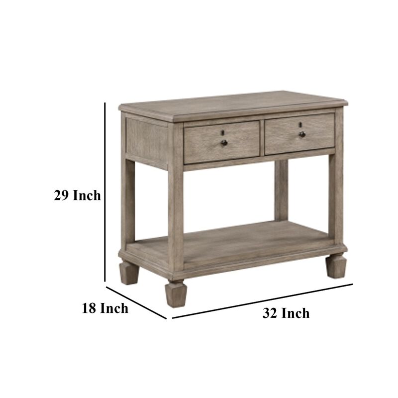 Cely Nightstand, 2 Drawers with Lower Open Shelf, Gray Oak Veneer - Benzara
