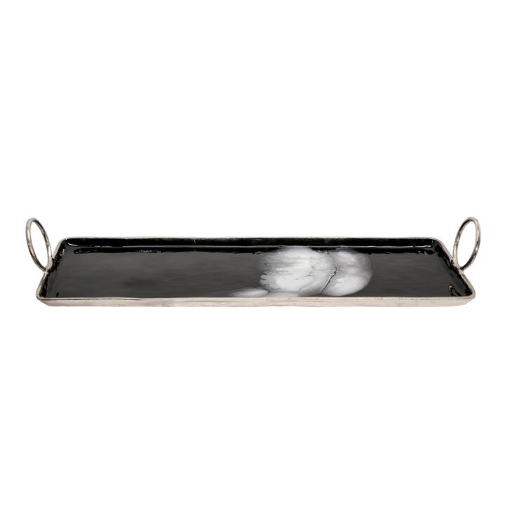 Tray with Metal and Ring Handles, Black and Silver - Benzara