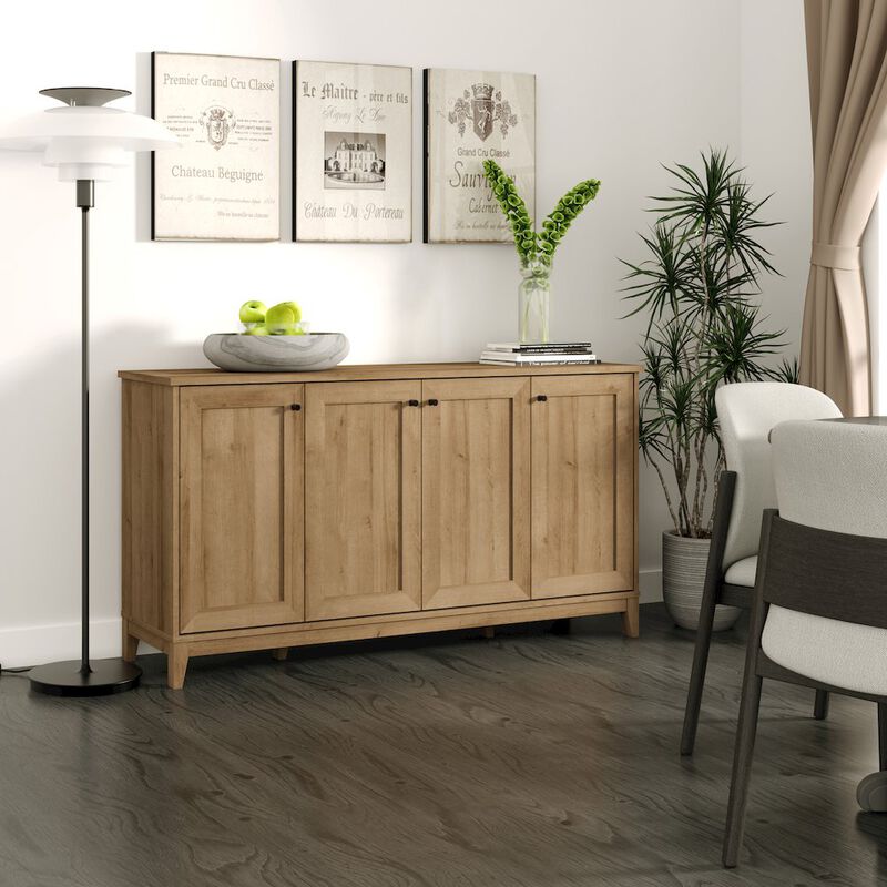 Prepac Yaletown 4 Panel Door Console Table Oak Engineered Wood Storage Cabinet